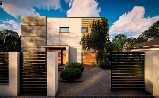 Современный двухэтажный дом с плоской кровлей и большим остеклением.