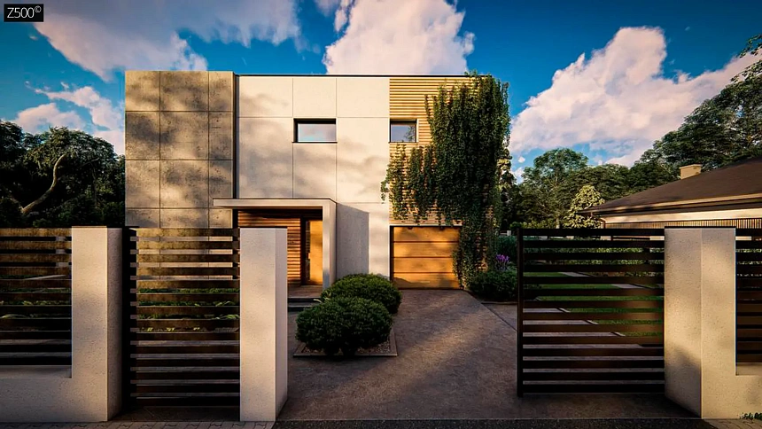 Современный двухэтажный дом с плоской кровлей и большим остеклением.