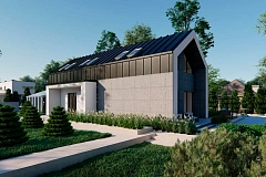 Проект дома для узкого участка с мансардой, большой гостиной и боковой террасой.