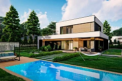 Cовременный двухэтажный дом с плоской крышей и гаражом на две машины.