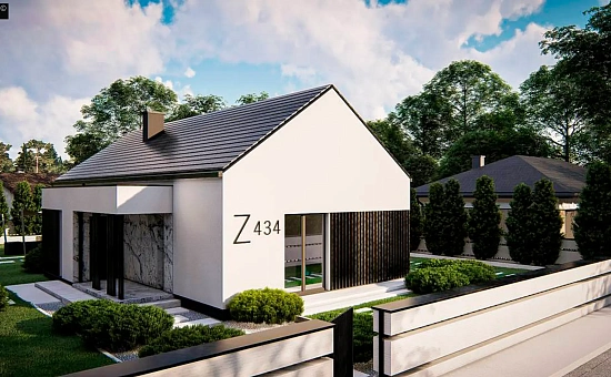 Одноэтажный дом с двускатной крышей, навесом и эркером.