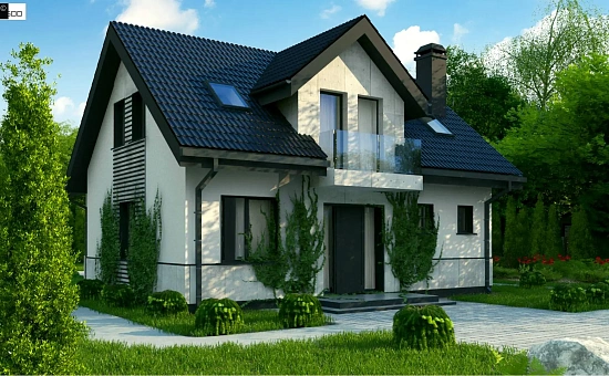 Простой в строительстве дом с балконом над входом.