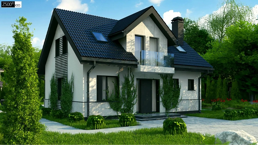 Простой в строительстве дом с балконом над входом.