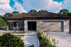 Одноэтажный современный проект дома с многоскатной крышей и гаражом на две машины.