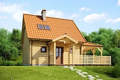 Проект небольшого дома с мансардой, с крытой боковой террасой.