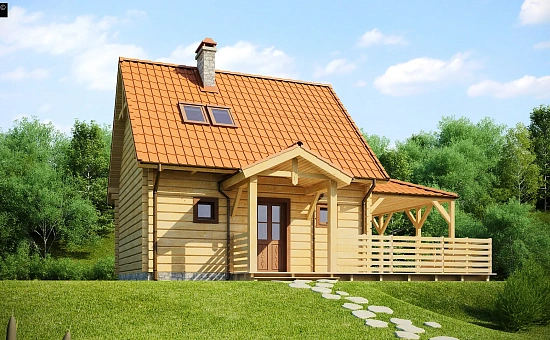 Проект небольшого дома с мансардой, с крытой боковой террасой.