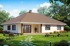 Одноэтажный дом с фронтальным гаражом для двух автомобилей.