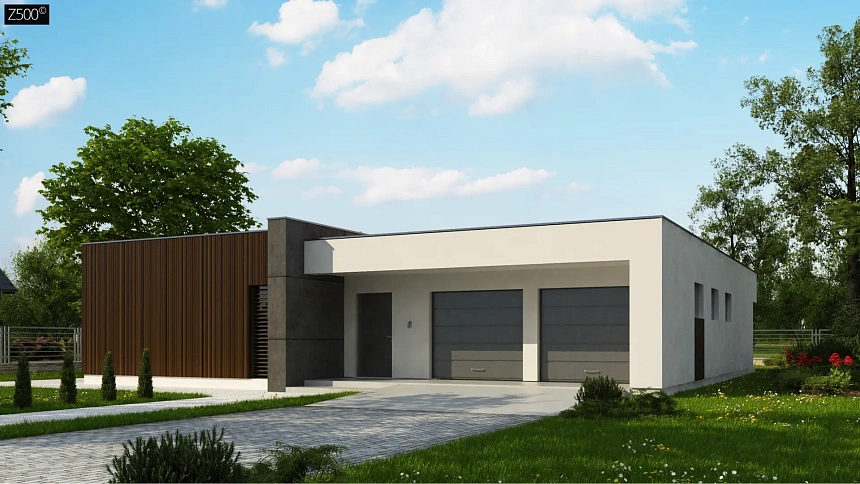 Подвариант одноэтажного дома Zx49 с гаражом для двух машин.