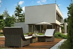 Современный двухэтажный дом с просторной террасой и гаражом на две машины.