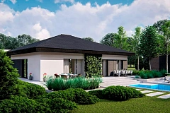 Функциональный одноэтажный дом с гаражом на одну машину, расположенный в центральной части переднего фасада.