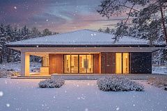 Современный одноэтажный проект дома с многоскатной крышей и гаражом на две машины