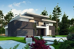 Красивый и комфортный дом с плоской кровлей, гаражом на две машины и просторными террасами.