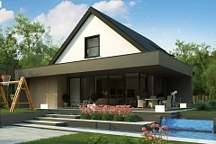 Просторный мансардный дом со светлой гостиной и гостевой комнатой на первом этаже.