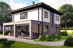 Проект двухэтажного просторного дома с панорамными окнами и камином.