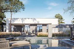 Cовременный одноэтажный дом с плоской крышей с гаражом на два авто