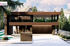 Современный двухэтажный дом с плоской кровлей и навесом для автомобиля