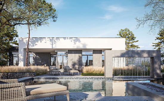 Cовременный одноэтажный дом с плоской крышей с гаражом на два авто