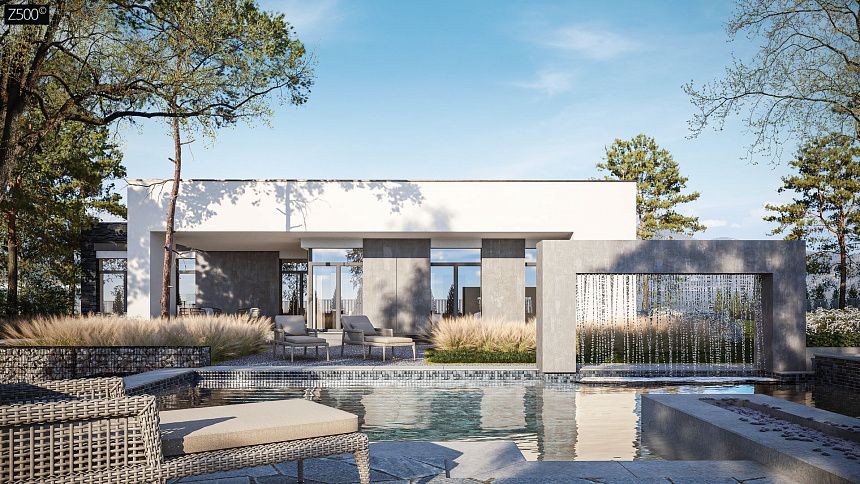 Cовременный одноэтажный дом с плоской крышей с гаражом на два авто