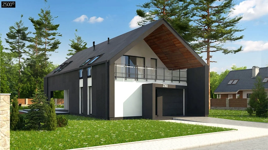 Современный мансардный коттедж для узкого участка