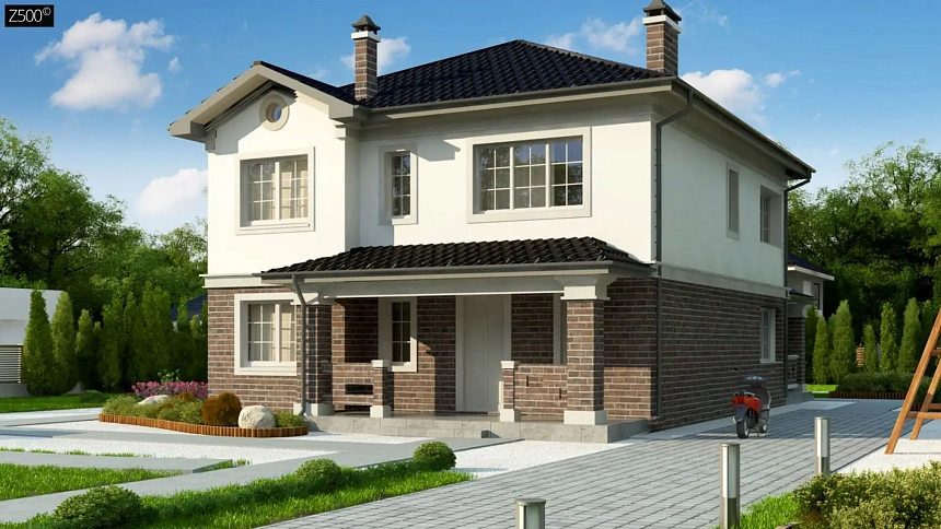 Проект двухэтажного дома в классическом стиле с дополнительной спальней на первом этаже.