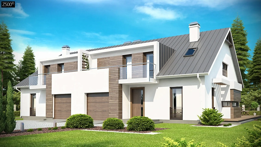 Современный дом для симметричной застройки с гаражом и дополнительной спальней на первом этаже.