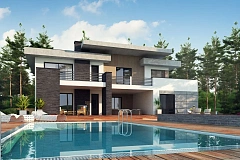 Красивый и комфортный дом с плоской кровлей, гаражом на две машины и просторными террасами.