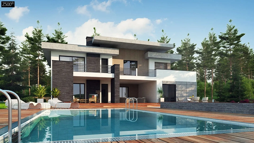 Красивый и комфортный дом с плоской кровлей, гаражом на две машины и просторными террасами.