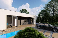 Одноэтажный современный дом с плоской крышей и белым фасадом