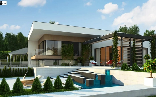 Проект современного двухэтажного дома с большой площадью остекления.