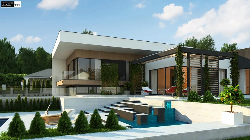 Проект современного двухэтажного дома с большой площадью остекления.