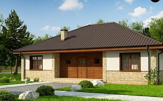 Вариант одноэтажного дома с 4-х скатной кровлей и уютной террасой, с измененной планировкой