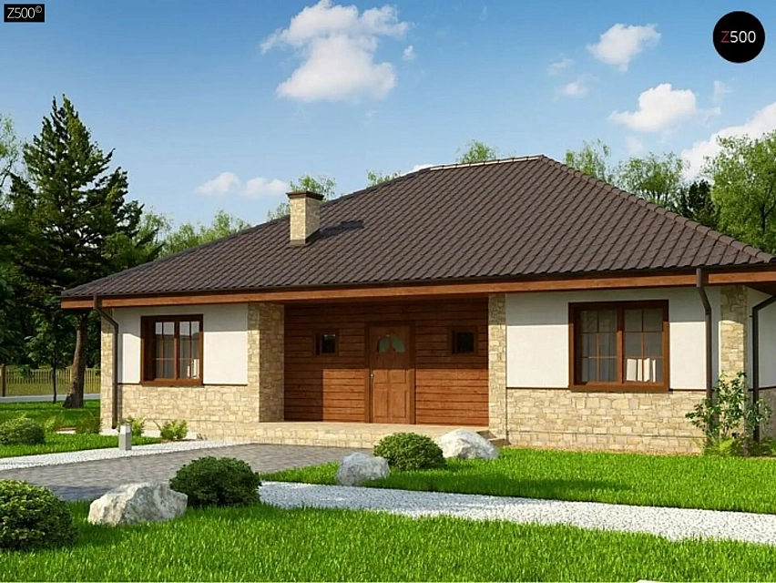 Вариант одноэтажного дома с 4-х скатной кровлей и уютной террасой, с измененной планировкой