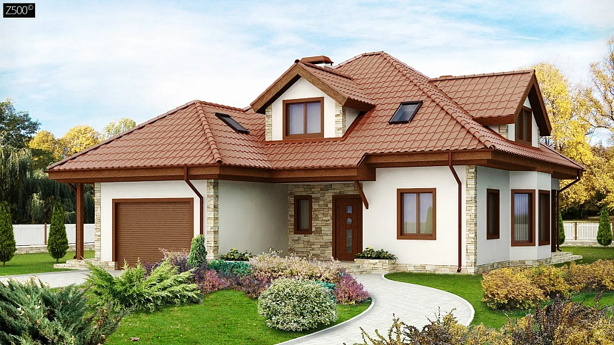 Проект просторного и уютного дома с гаражом, эркером, красивыми мансардными окнами.