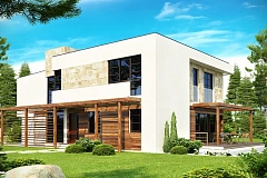 Двухэтажный дома в стиле модерн с практичным интерьером и гаражом для двух автомобилей.