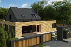 Современный дом с 2-х скатной кровлей, окруженный террасой с плоской крышей.