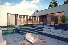 Одноэтажный дом в современном стиле&nbsp;&nbsp;с гаражом на 3 машины,&nbsp;&nbsp;с плоской кровлей