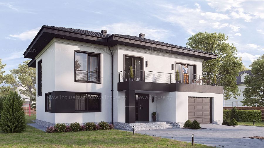 Строгий 2-х этажный дом с эксцентричными черными вставками, аг.Колодищи