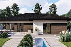 Современный одноэтажный дом с многоскатной крышей и гаражом на две машины.