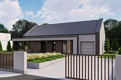 Одноэтажный дом с двускатной крышей и гаражом на одну машину.