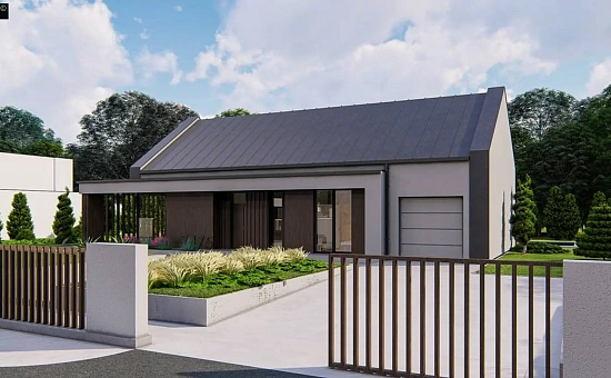 Одноэтажный дом с двускатной крышей и гаражом на одну машину.