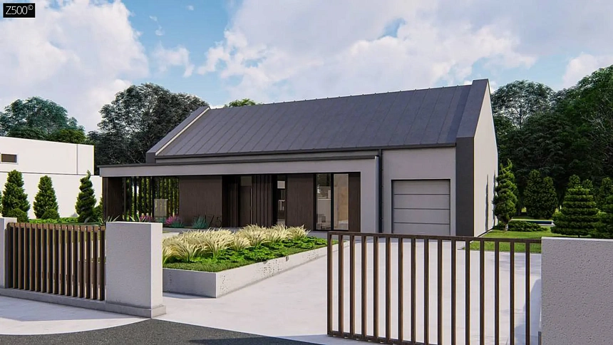 Одноэтажный дом с двускатной крышей и гаражом на одну машину.