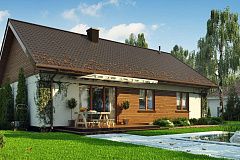 Аккуратный одноэтажный дом с деревянной отделкой на фасадах.