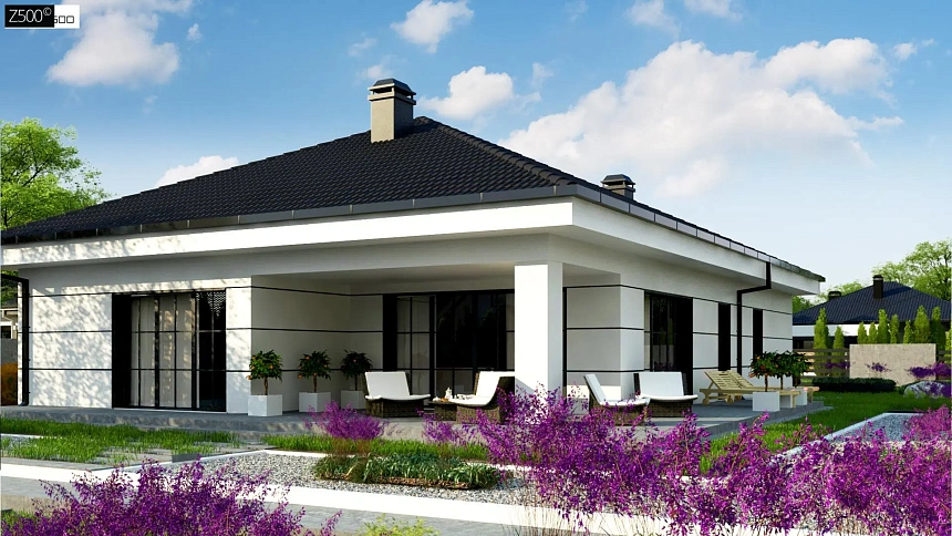 Современный одноэтажный дом с тремя спальнями и гаражом на одну позицию.