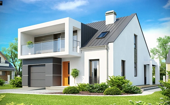 Современный дом с уютным и функциональным интерьером. Интересное сочетание двускатной крыши и кубических форм.