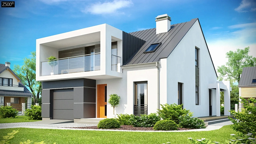 Современный дом с уютным и функциональным интерьером. Интересное сочетание двускатной крыши и кубических форм.