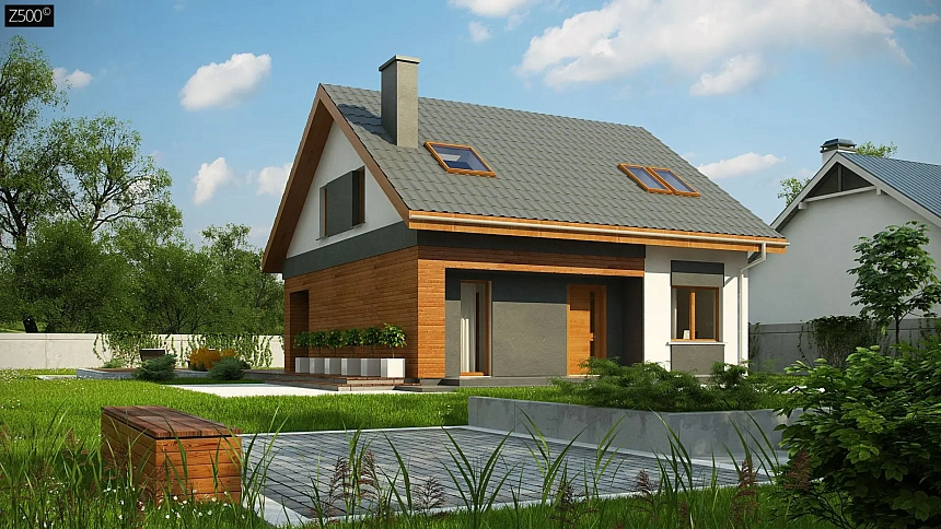 Традиционный дом с мансардой и террасой в современном стиле.