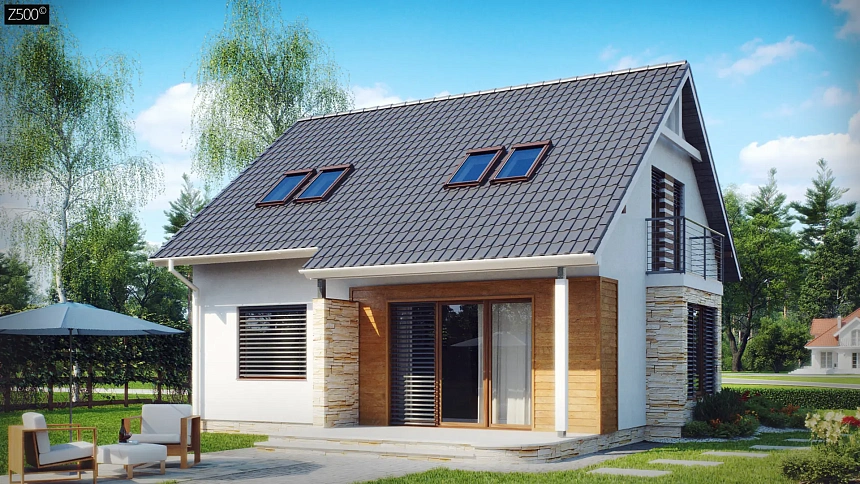 Компактный дом с мансардой, эркером в дневной зоне и c кабинетом на первом этаже.