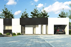 Проект современного одноэтажного дома с черно-белыми фасадами и открытым гаражом на 2 машины