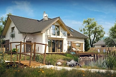 Просторный дом с большими фасадными окнами, с гаражом для двух автомобилей.