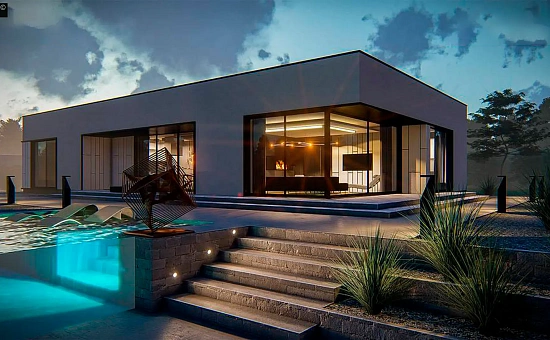 Проект современного одноэтажного дома с плоской кровлей